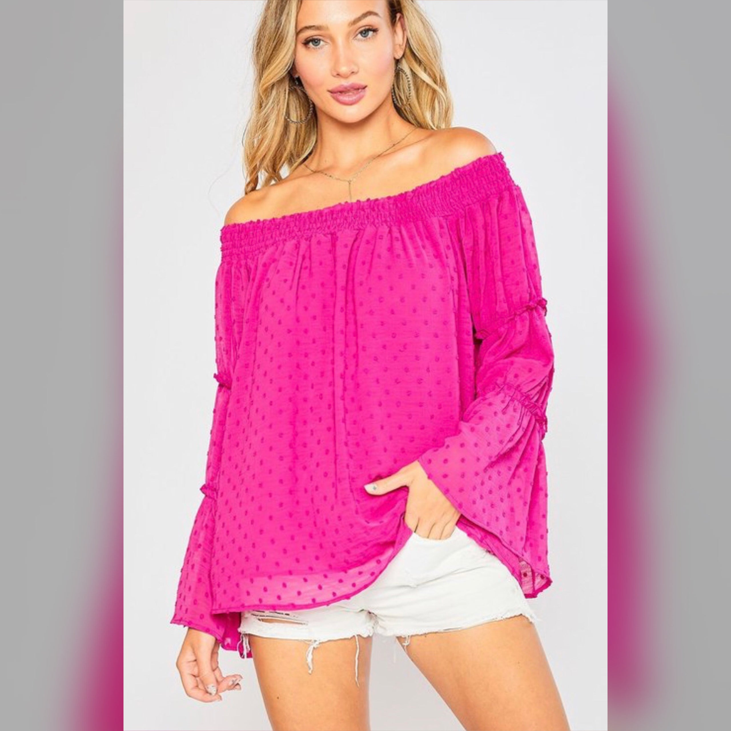 FUSCHIA OFF THE SHOULDER BELL SLEEVE BLOUSE